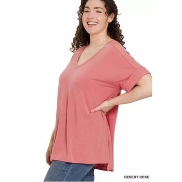 Zenana Desert Rose V Neck Rolled Short Sleeve Top Loose Fit T Shirt Plus Size 2X - Picture 2 of 4